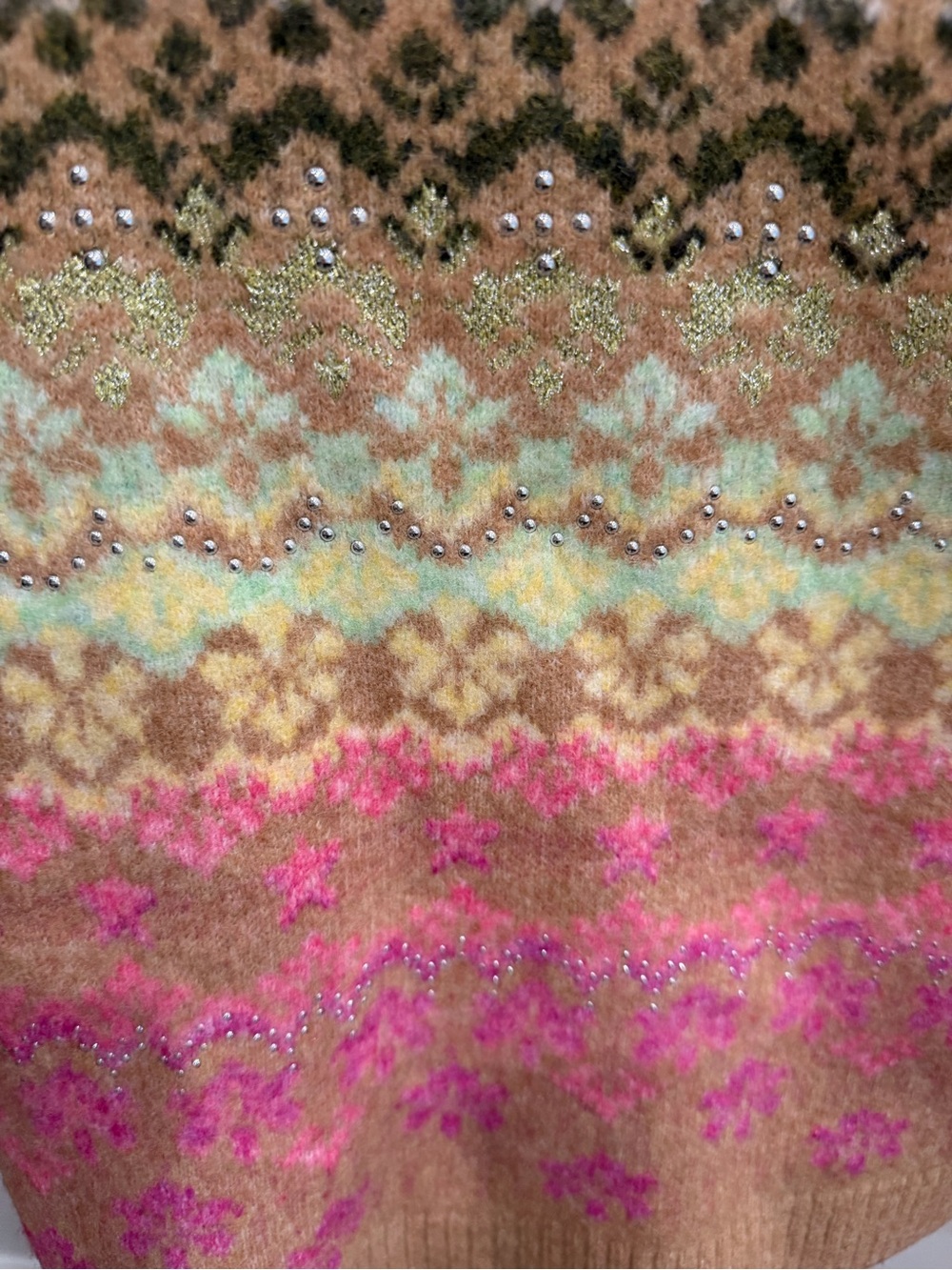 Cinq a Sept Camel Fair Isle Button-Front studded Women's Cardigan Sweater - Picture 3 of 9